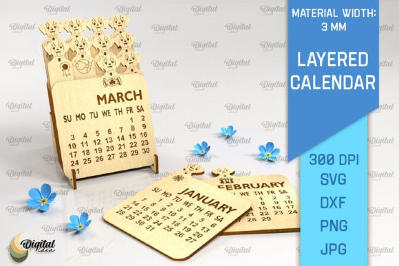 3D Layered Calendar Laser Cut. Dog SVG