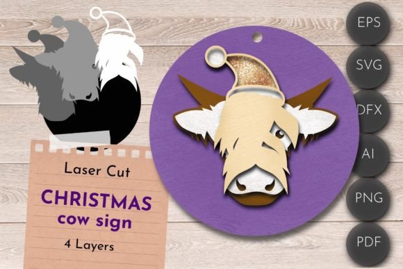 Christmas Highland Cow Sign: 3D SVG Shapes for Branding
