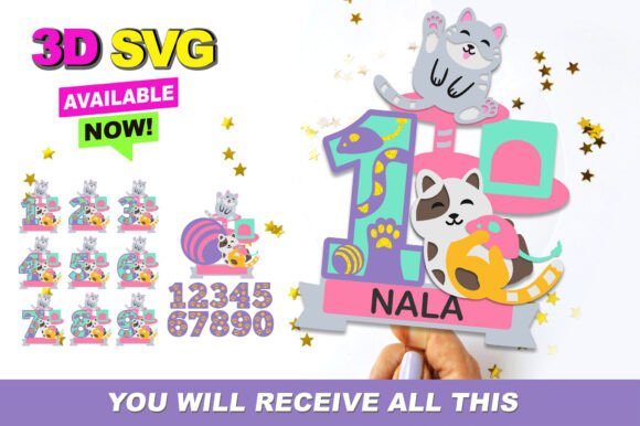 Cute Cats Numbers Topper 3D SVG for Shapes & Branding