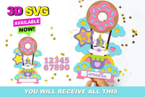 Unicorn Hot Air Balloon Topper 3D SVG Graphics